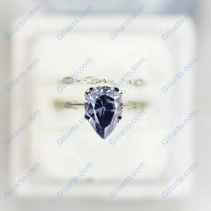 3 Carat Pear Dark Grey -Blue, Gray Moissanite 14K Rose Gold Engagement. Eternity Ring. Set of Two Rings. Leaf Floral Ring Design