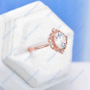 14K Solid Rose Gold Dainty Oval Moissanite Ring, 1.5ct Oval Cut Moissanite Ring, Rose Gold Ring Unique Oval Halo Vintage Ring