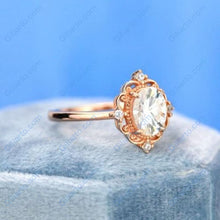 Load image into Gallery viewer, 14K Solid Rose Gold Dainty Oval Moissanite Ring, 1.5ct Oval Cut Moissanite Ring, Rose Gold Ring Unique Oval Halo Vintage Ring
