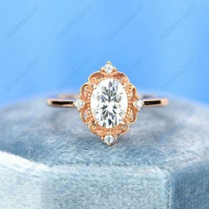14K Solid Rose Gold Dainty Oval Moissanite Ring, 1.5ct Oval Cut Moissanite Ring, Rose Gold Ring Unique Oval Halo Vintage Ring
