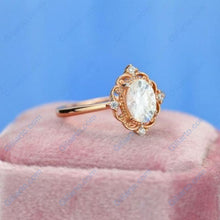 Load image into Gallery viewer, 14K Solid Rose Gold Dainty Oval Moissanite Ring, 1.5ct Oval Cut Moissanite Ring, Rose Gold Ring Unique Oval Halo Vintage Ring
