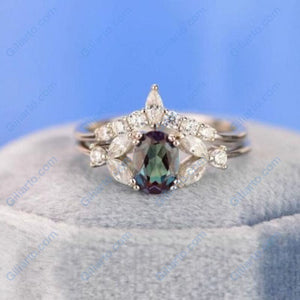 14K Solid White Gold Dainty Alexandrite Ring, Oval Cut Alexandrite Ring Set, White Gold Ring Unique Vintage Ring