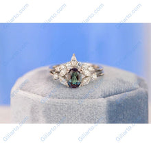 Load image into Gallery viewer, 14K Solid White Gold Dainty Alexandrite Ring, Oval Cut Alexandrite Ring Set, White Gold Ring Unique Vintage Ring
