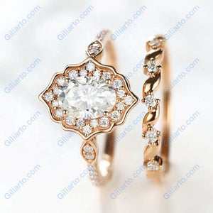 Vintage Oval Shaped Moissanite Engagement Ring 14K Flower Rose Gold Ring Set for Women. Vintage Oval Halo Gold Ring Set