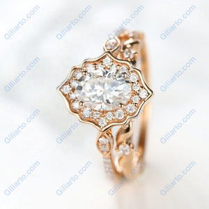 Vintage Oval Shaped Moissanite Engagement Ring 14K Flower Rose Gold Ring Set for Women. Vintage Oval Halo Gold Ring Set