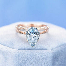 Load image into Gallery viewer, 3 Carat Pear Aquamarine 14K Rose Gold Engagement. Eternity Ring. Set of Two Rings. Leaf Floral Ring Design
