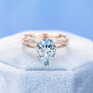 3 Carat Pear Aquamarine 14K Rose Gold Engagement. Eternity Ring. Set of Two Rings. Leaf Floral Ring Design
