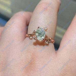 14K Rose Gold Dainty Natural Moss Agate Leaf Ring, 2ct Oval Agate Twig Ring, Rose Gold Ring Unique Curved Vintage Floral Ring