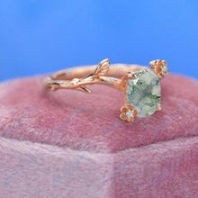 Load image into Gallery viewer, 14K Rose Gold Dainty Natural Moss Agate Leaf Ring, 2ct Oval Agate Twig Ring, Rose Gold Ring Unique Curved Vintage Floral Ring
