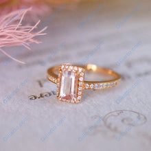 Load image into Gallery viewer, 14K Solid Rose Gold Ring. Baguette Morganite Halo Eternity Ring. Halo Morganite Wedding Ring. Vintage Engagement Ring Anniversary Ring
