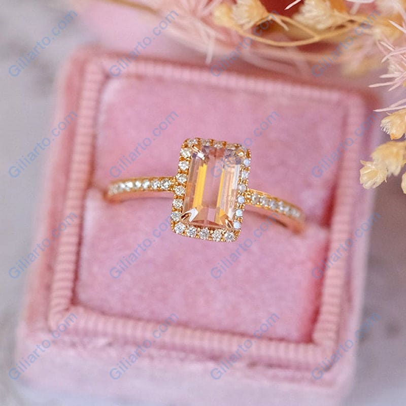 14K Solid Rose Gold Ring. Baguette Morganite Halo Eternity Ring. Halo Morganite Wedding Ring. Vintage Engagement Ring Anniversary Ring