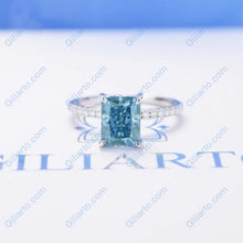 Load image into Gallery viewer, 3Ct Blue Moissanite Engagement Ring, Solitaire Radiant Cut Moissanite Engagement Ring, Moissanite Pave Accents Stones Hidden Halo Ring
