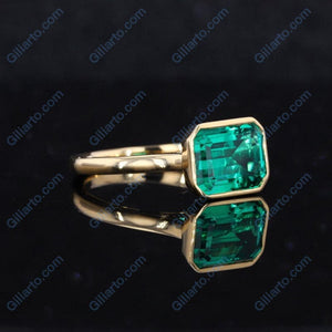 3Ct Green Moissanite Engagement Ring, Bezel Set Emerald Cut Moissanite Engagement Ring, Moissanite Classic Engagement 14K Gold Ring