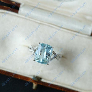 3Ct Cushion Aquamarine ring, Aquamarine solitaire ring, natural aquamarine ring, genuine aquamarine cushion cut vintage ring