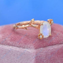 Load image into Gallery viewer, Rose Gold Plated Silver Dainty Natural Moonstone Leaf Ring, 2ct Oval Moonstone Twig Ring, Rose Gold Ring Unique Curved Vintage Floral Ring
