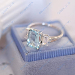 3Ct Emerald cut Aquamarine ring, Aquamarine three stone ring, natural aquamarine and moissanite ring, genuine aquamarine emerald cut ring
