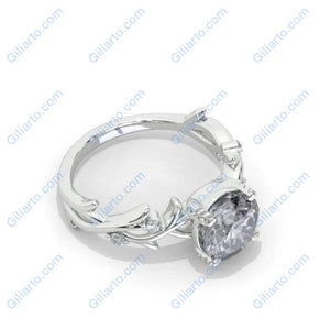 2 Carat Gray  Moissanite Leaf Engagement Ring. White Gold Floral Twig Ring