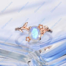 Load image into Gallery viewer, Rose Gold Plated Silver Dainty Natural Moonstone Leaf Ring, 2ct Oval Moonstone Twig Ring, Rose Gold Ring Unique Curved Vintage Floral Ring
