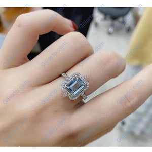 3Ct Emerald cut Halo Aquamarine ring, Aquamarine solitaire ring, natural aquamarine ring, genuine aquamarine emerald cut vintage ring