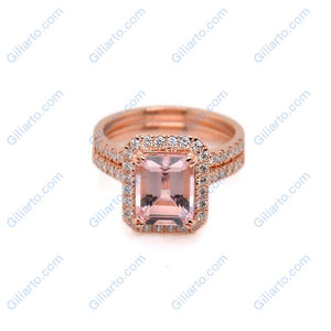 3Ct Emerald cut Halo Morganite ring, Morganite ring, Vitage natural Morganite ring, genuine morganite emerald cut vintage halo ring Set