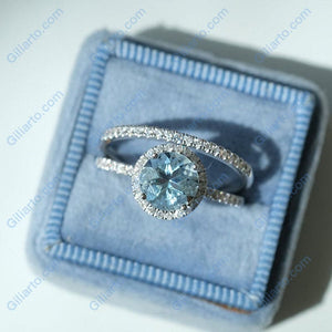 Round Halo Aquamarine ring set, Aquamarine Halo ring, natural aquamarine ring, genuine aquamarine round cut vintage ring set