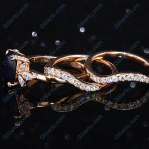 2Ct Cushion Cut Sapphire Vintage Engagement Ring, Cushion Sapphire Engagement Ring, Marquise Side Accents Stones 14K Rose Gold Ring Set