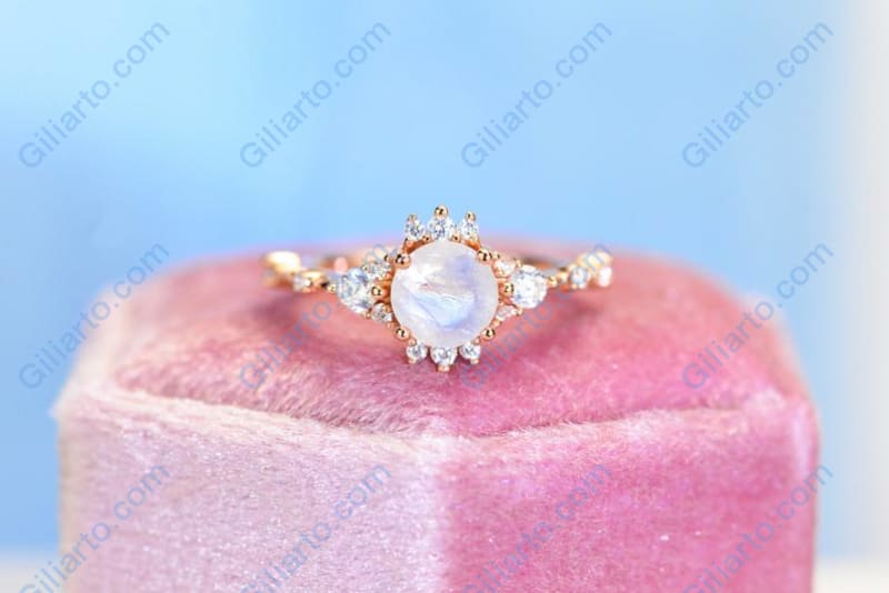Rose Gold Plated Silver Dainty Natural Moonstone Ring, 1ct Round Cut Moonstone Ring