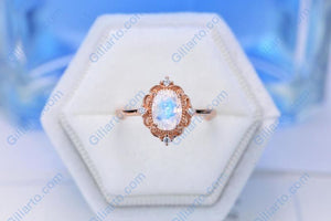 Rose Gold Plated Silver Dainty Natural Moonstone Ring Set, 2ct Oval Cut Moonstone Vintage Ring,