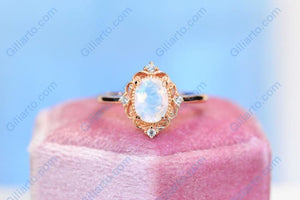 Rose Gold Plated Silver Dainty Natural Moonstone Ring Set, 2ct Oval Cut Moonstone Vintage Ring,