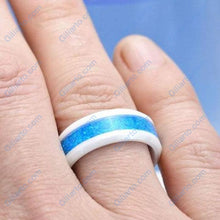 Load image into Gallery viewer, Australian Blue Fire Opal Ceramic Ring For Her For Him, Couples Promise Ring, Blue Opal White Ceramic Ring, Cool Opal Giliarto Ring For Him
