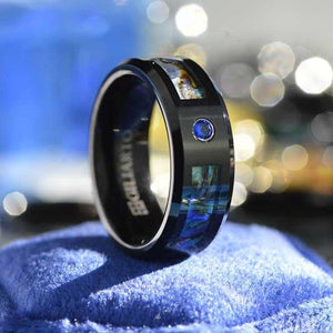 Genuine Abalone Shell with Sapphire Men's Tungsten Carbide  Ring