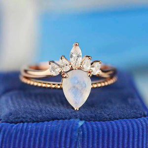 Pear Cut Moonstone Ring- Two Ring Set.
