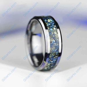 Genuine Crushed Raw Blue and White Sapphire Men's Tungsten Ring