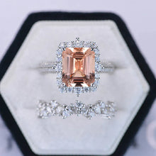 Load image into Gallery viewer, 3Ct Natural Morganite Engagement Ring. Halo Emerald Cut Genuine Morganite Engagement Ring, 9x7mm Step Cut Morganite Engagement Ring with Eternity Band
