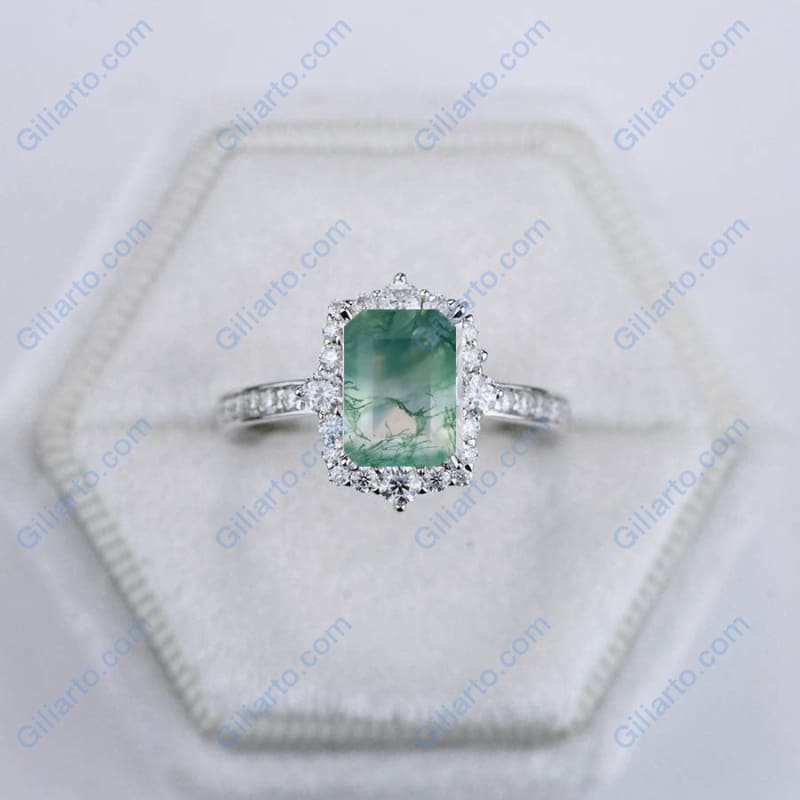 3 Carat Natural Moss Agate  Emerald Step Cut  Halo Engagement Ring
