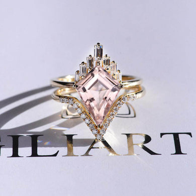 14K Gold 4 Carat Kite Morganite Halo Engagement Ring, Eternity Ring Set