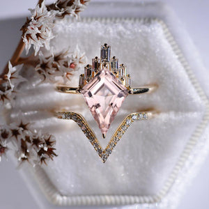 14K Gold 4 Carat Kite Morganite Halo Engagement Ring, Eternity Ring Set