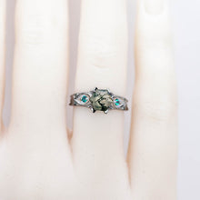 Load image into Gallery viewer, 14K Black Gold Hexagon Moss Agate Emerald Celtic Engagement Ring
