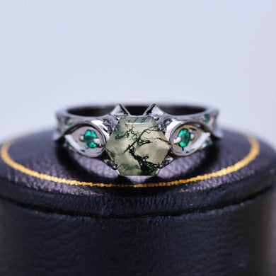 14K Black Gold Hexagon Moss Agate Emerald Celtic Engagement Ring