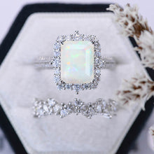 Load image into Gallery viewer, 3Ct White Opal Engagement Ring Halo Emerald Cut Opal Engagement Ring, 9x7mm Step Cut White Opal Engagement Ring with Eternity Band

