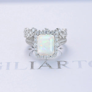 3Ct White Opal Engagement Ring Halo Emerald Cut Opal Engagement Ring, 9x7mm Step Cut White Opal Engagement Ring with Eternity Band