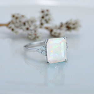 3Ct Emerald Shape Step Cut White Opal ring, Opal solitaire ring, 3 Carat White Opal  Ring, Genuine Opal Vintage Ring